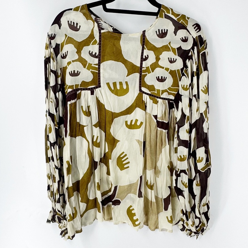 Blank London Abstract Floral Viscose Blouse Olive Green Brown Cream Large